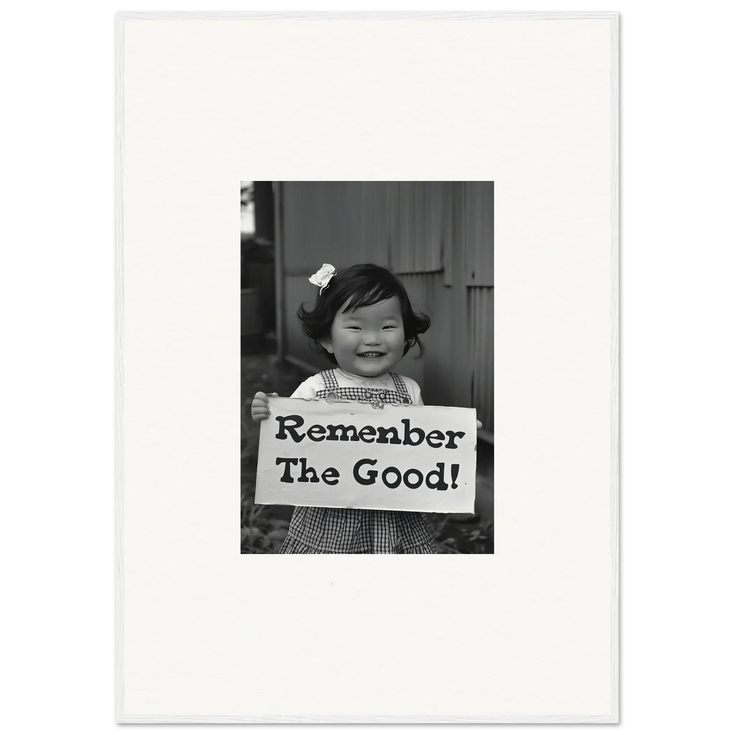 Child holds a sign saying Remember The Good in a special edition art for Remember Joy Essence