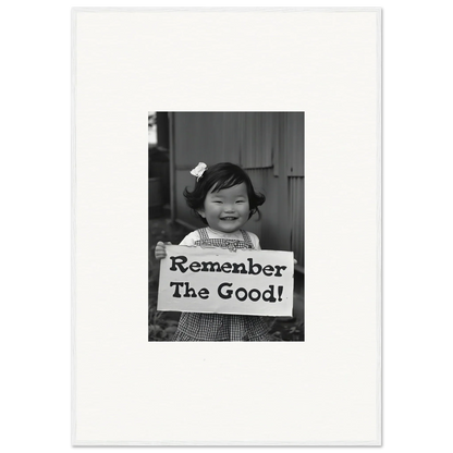 Child holds a sign saying Remember The Good in a special edition art for Remember Joy Essence