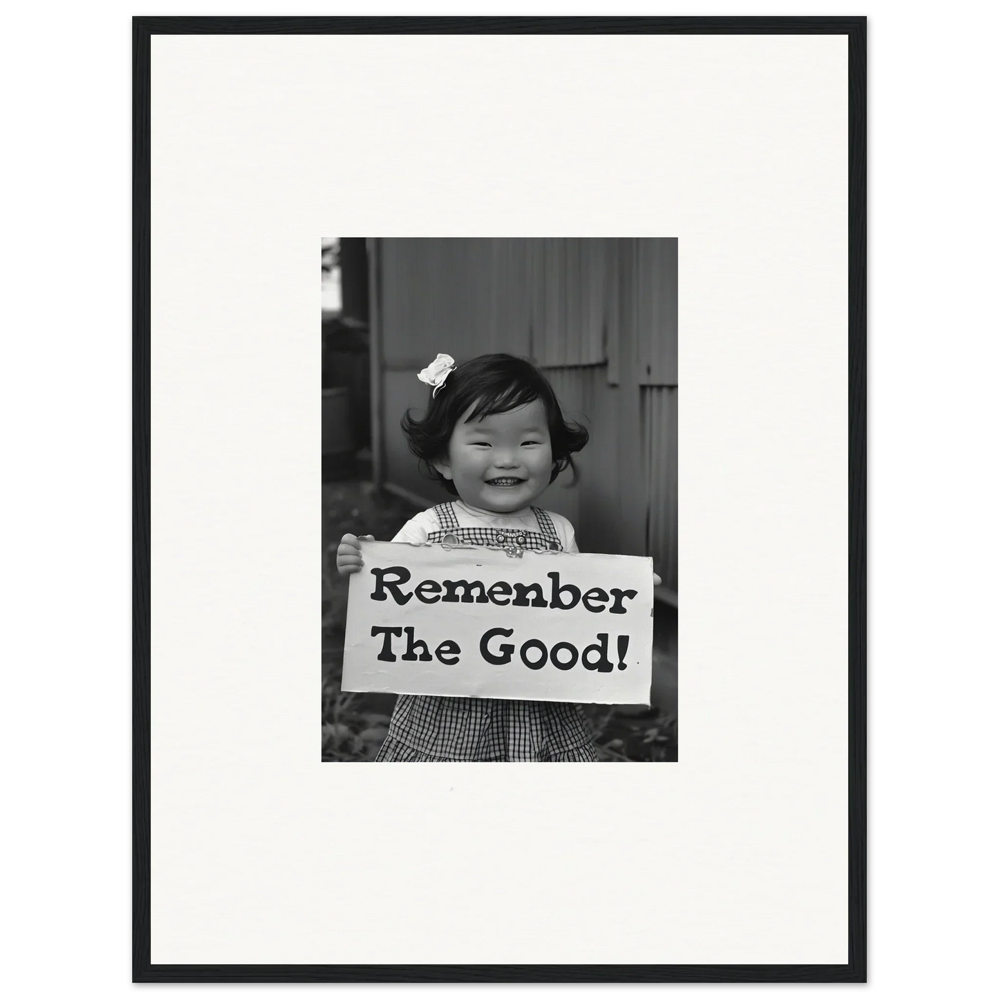 Child holding a sign saying Remember The Good in special edition art for Remember Joy Essence