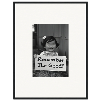 Child holding a sign saying Remember The Good in special edition art for Remember Joy Essence