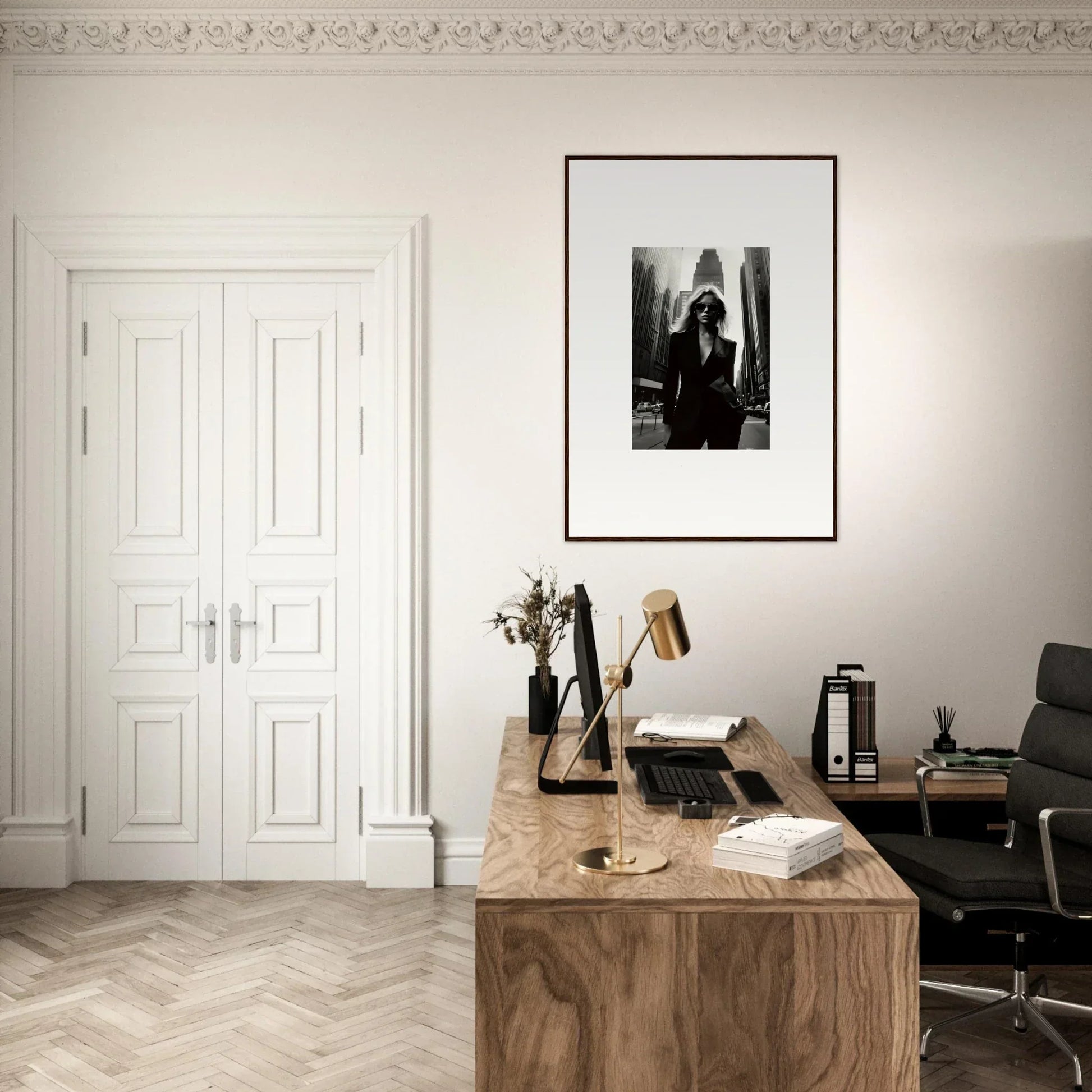 Wooden desk with a typewriter and books in a stylish Urbain Chic workspace