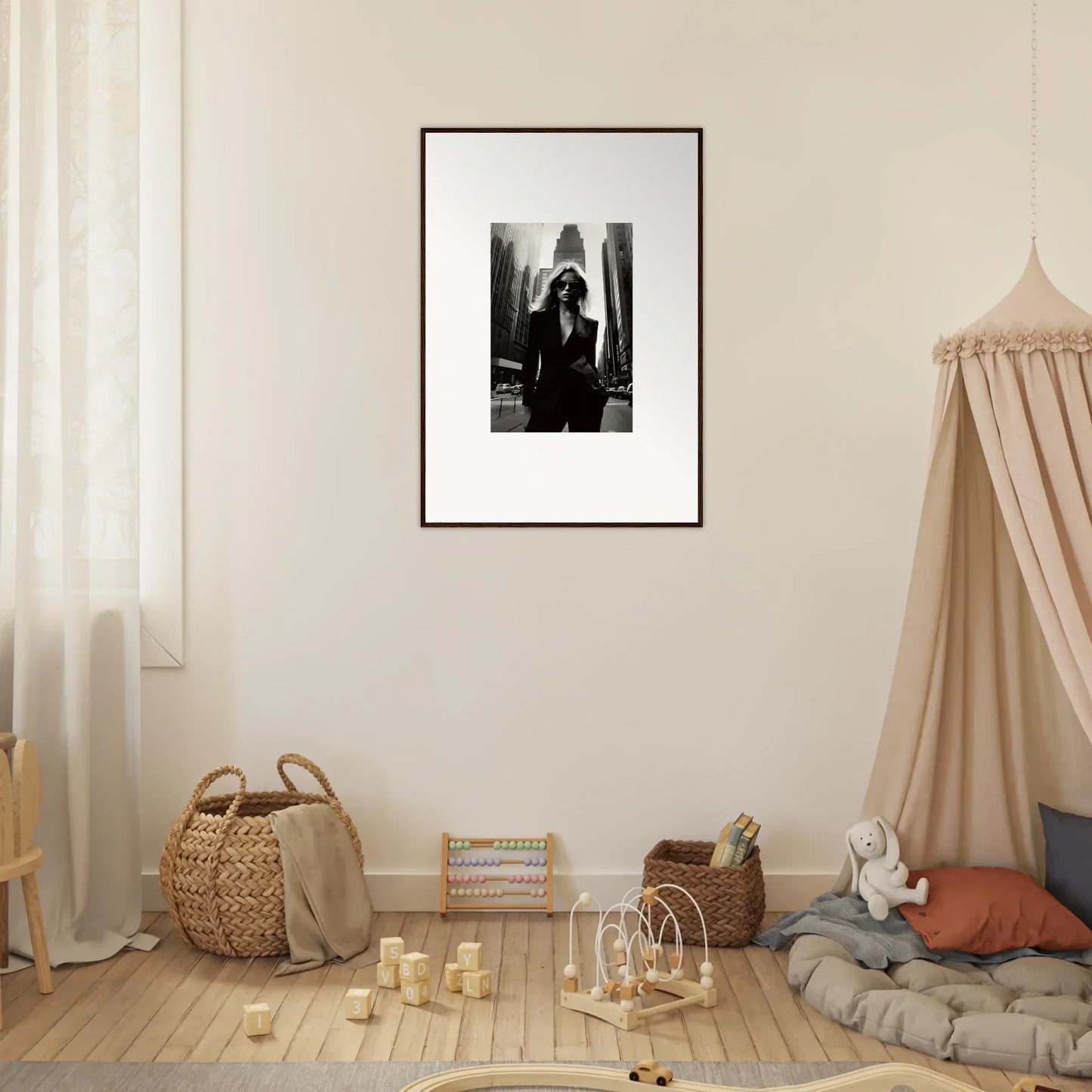 Framed black and white photograph for stylish Urbain Chic room decor as wall art