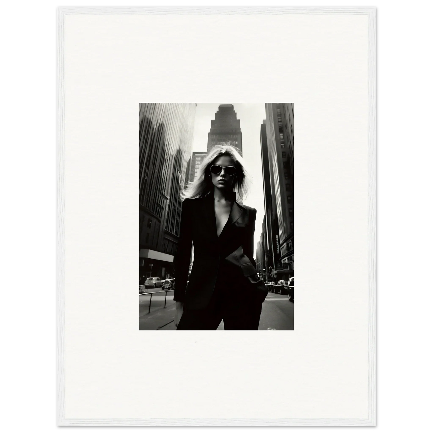 Black and white image of urbain chic woman in suit, perfect for room decor or framed wall art