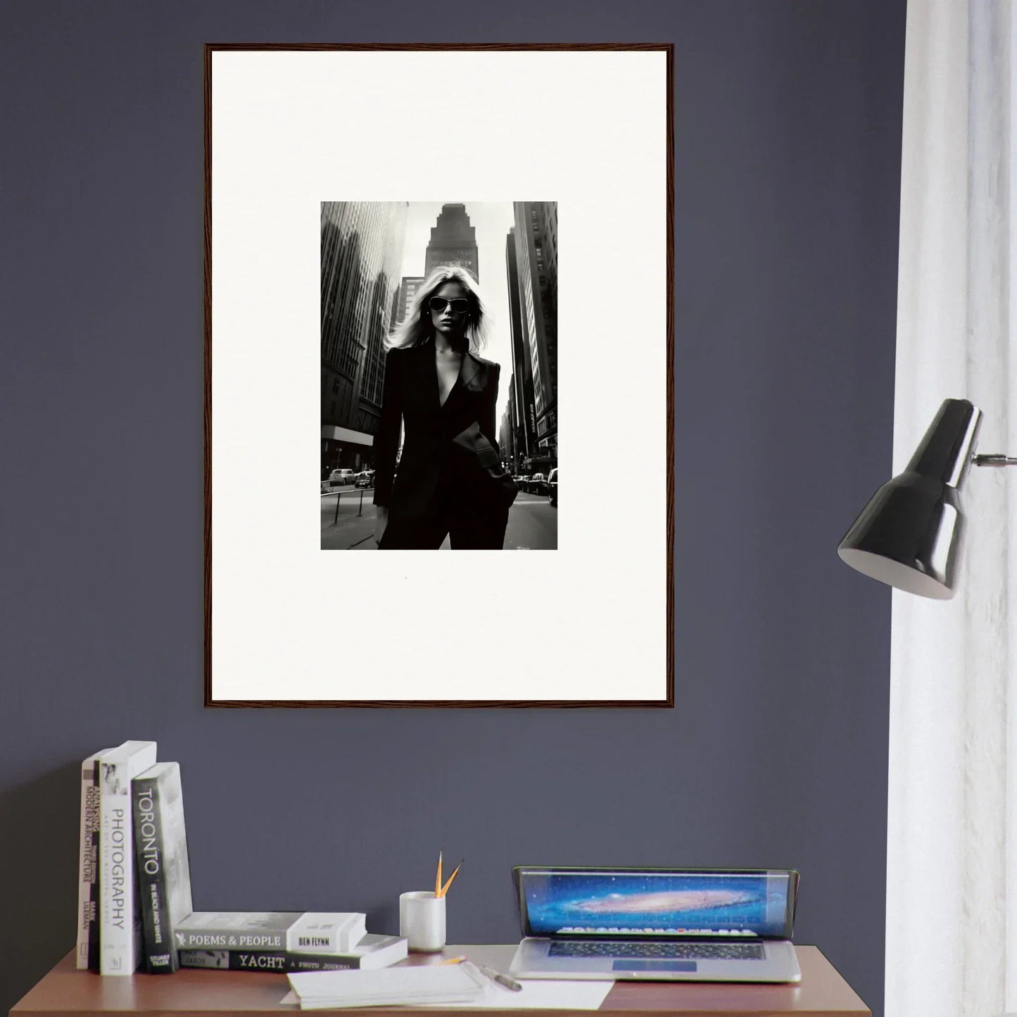 Framed black and white photograph of urbain chic style for modern room decor