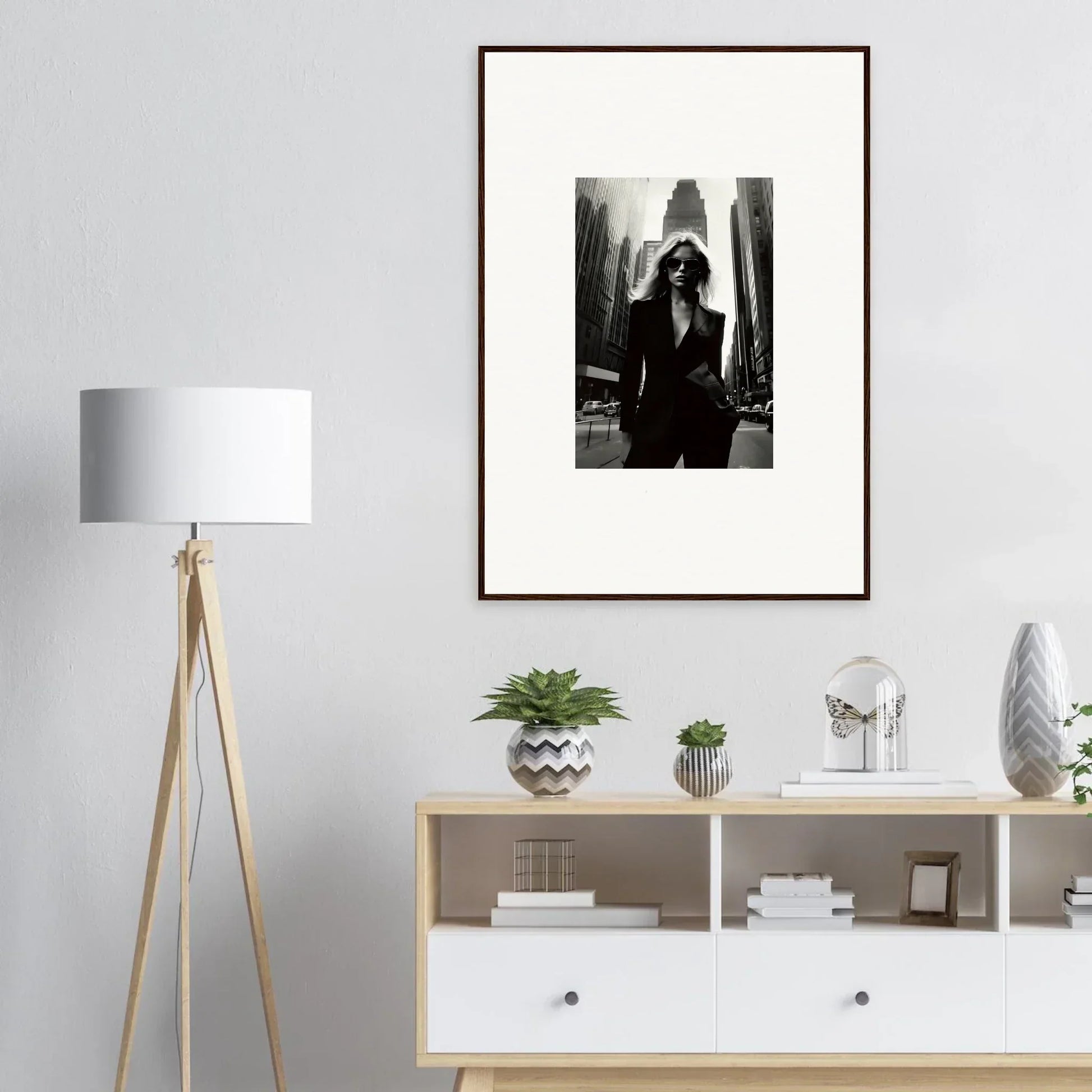 Framed black and white photograph of urbain chic person in suit for stylish room decor