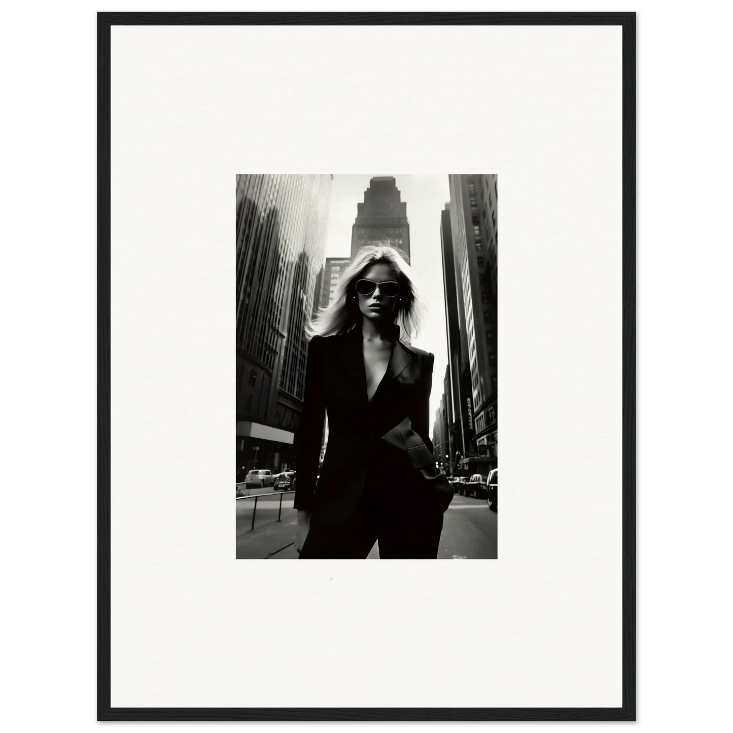 Stylish woman in suit on city street, perfect for Urbain Chic room decor or framed wall art