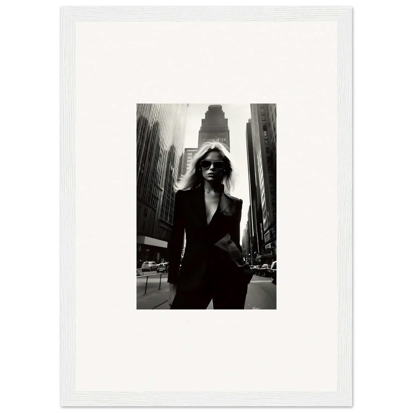 Black and white photo of urbain chic suited person, ideal for room decor as framed wall art