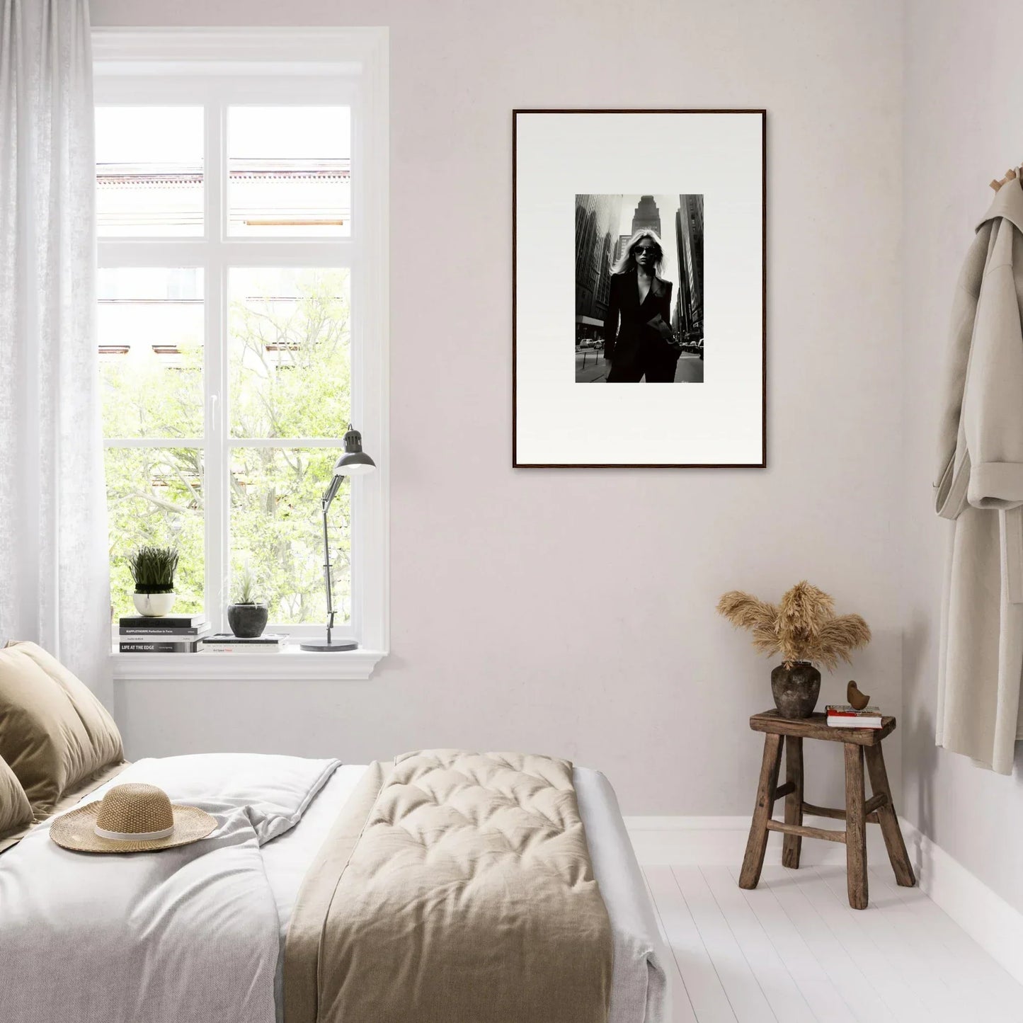 Cozy bedroom with neutral tones and minimalist decor inspired by Urbain Chic style