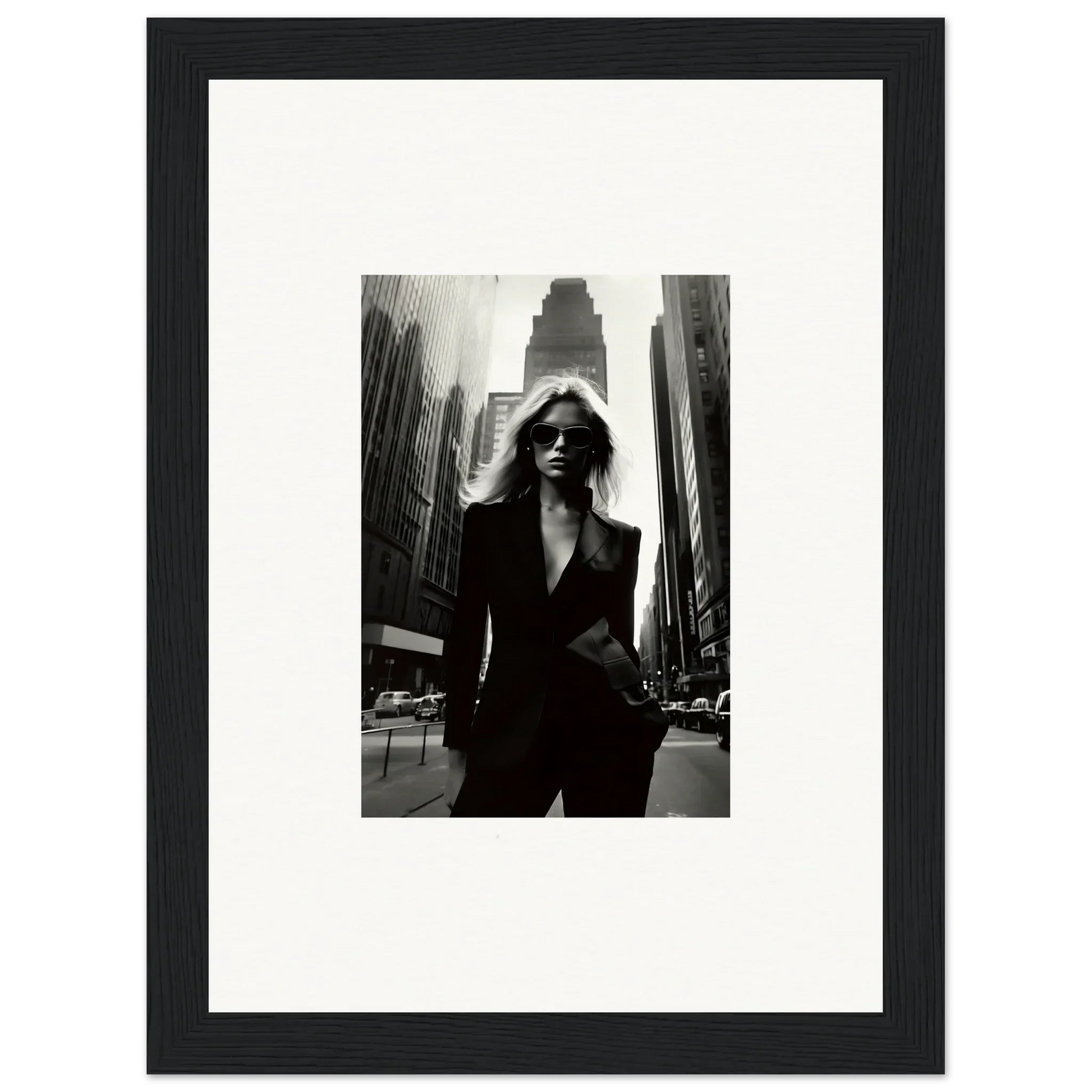 Black and white photo of a woman in a suit embodying Urbain Chic for framed wall art