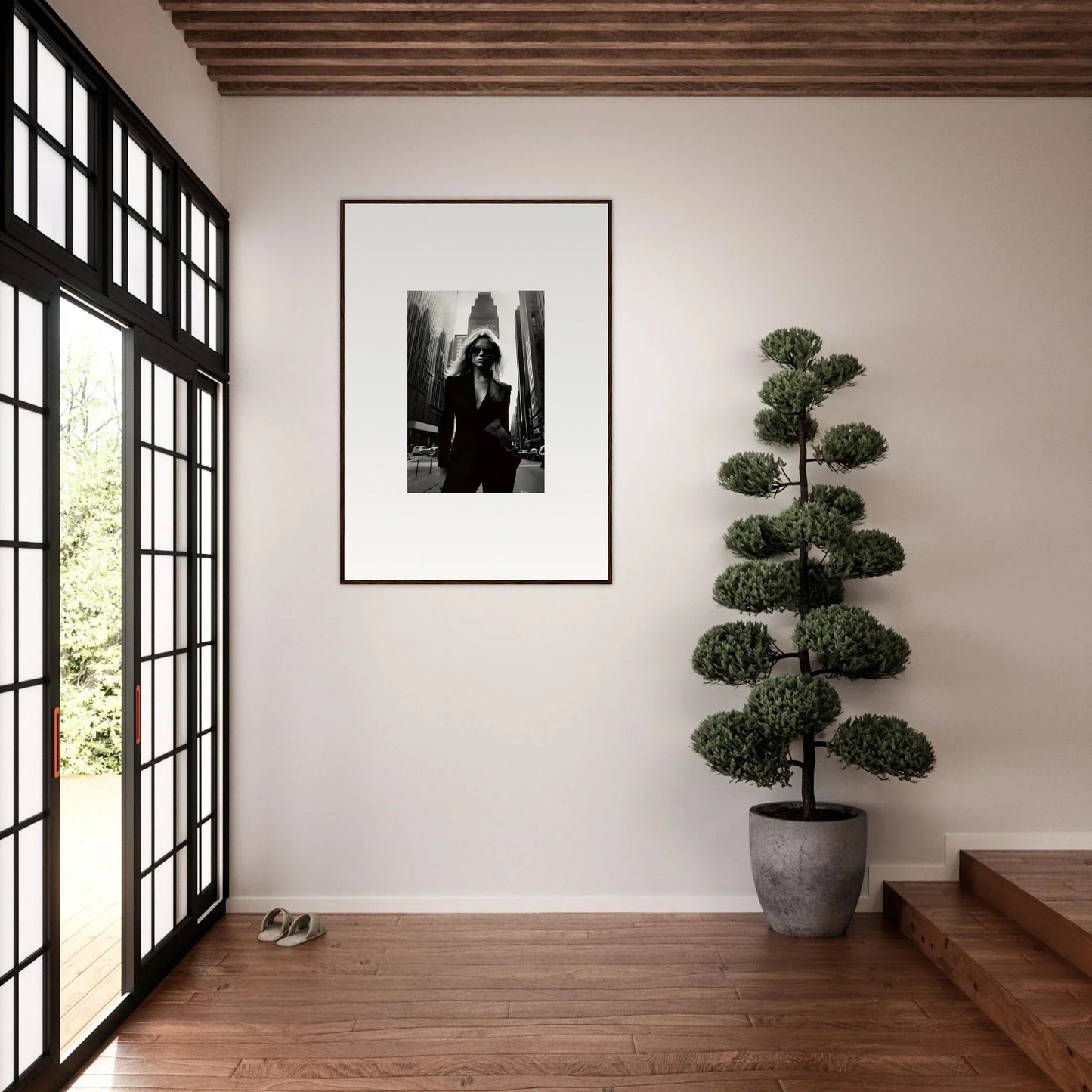 Framed black and white photograph on a white wall enhancing urbain chic room decor