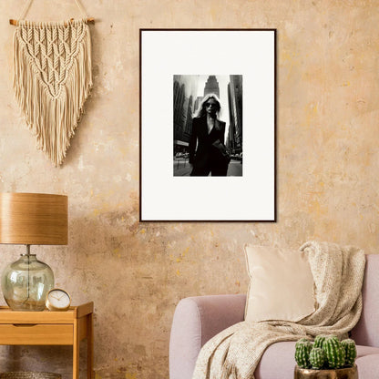 Framed black and white photograph of a person in urban chic setting for room decor