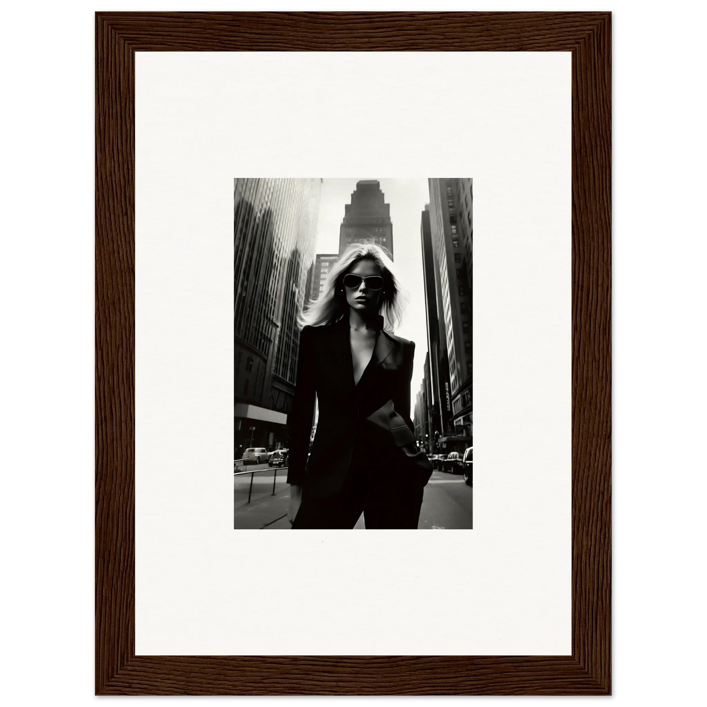 Stylish woman in suit on city street, perfect for Urbain Chic room decor framed wall art