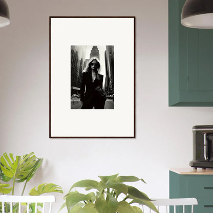 Framed black and white photograph of a woman in a suit for urbain chic room decor