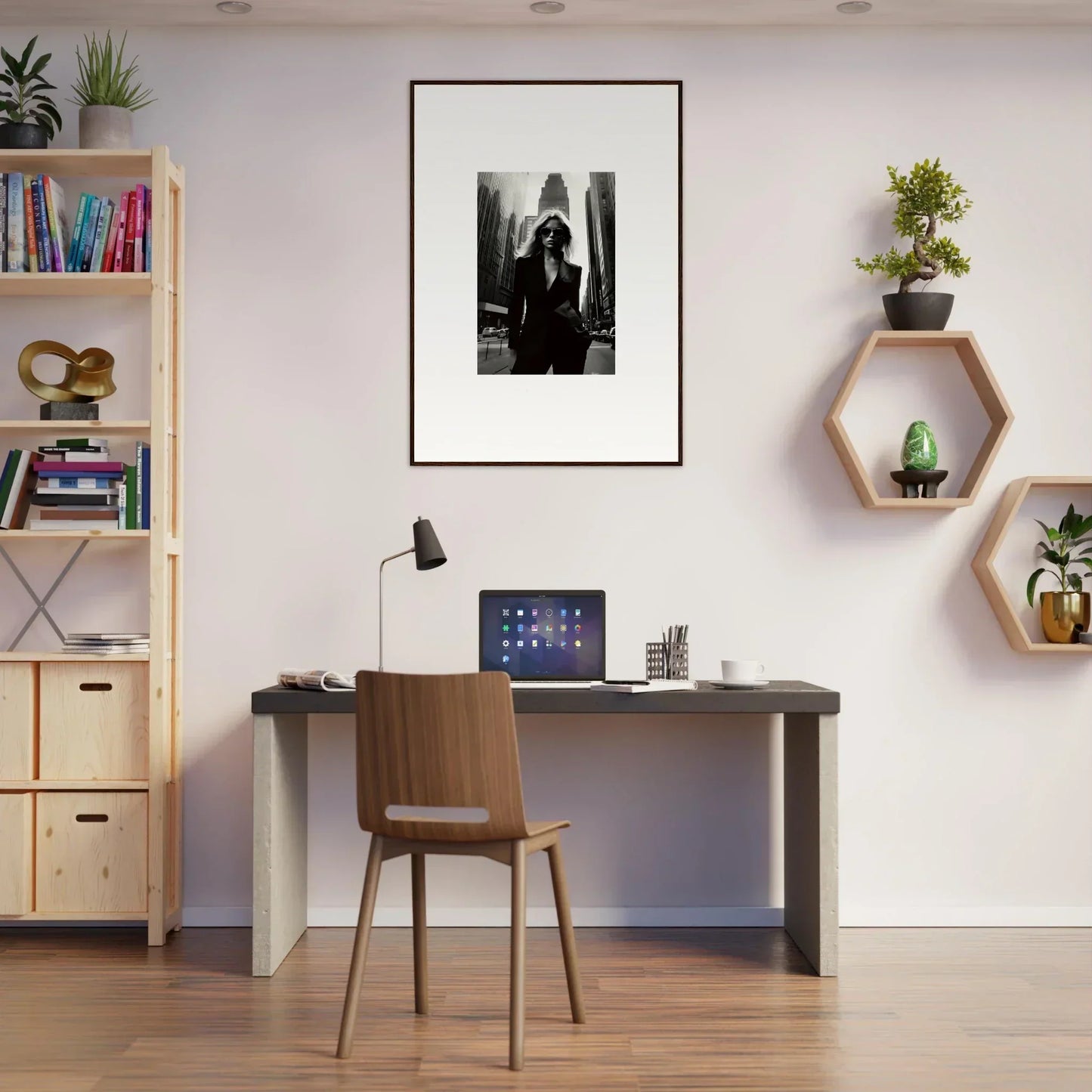 Modern home office workspace featuring Urbain Chic decor and framed wall art