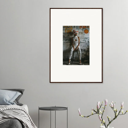 Framed wall art of a person by a graffitied wall, perfect for Geometry Whisper decor