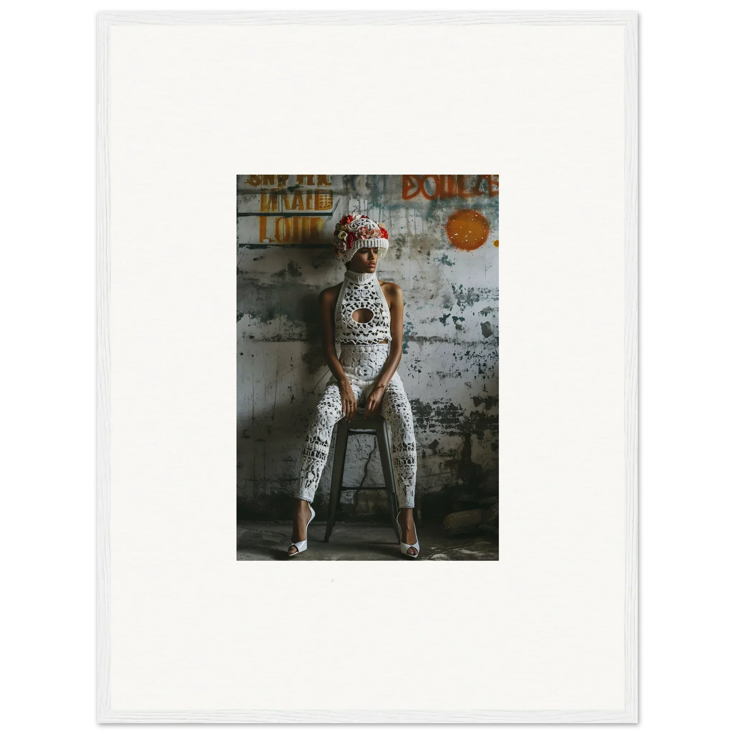 Sock monkey figure on a stool, perfect for whimsical room decor and framed wall art