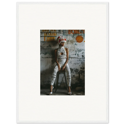 Sock monkey figure on a stool, perfect for whimsical room decor and framed wall art