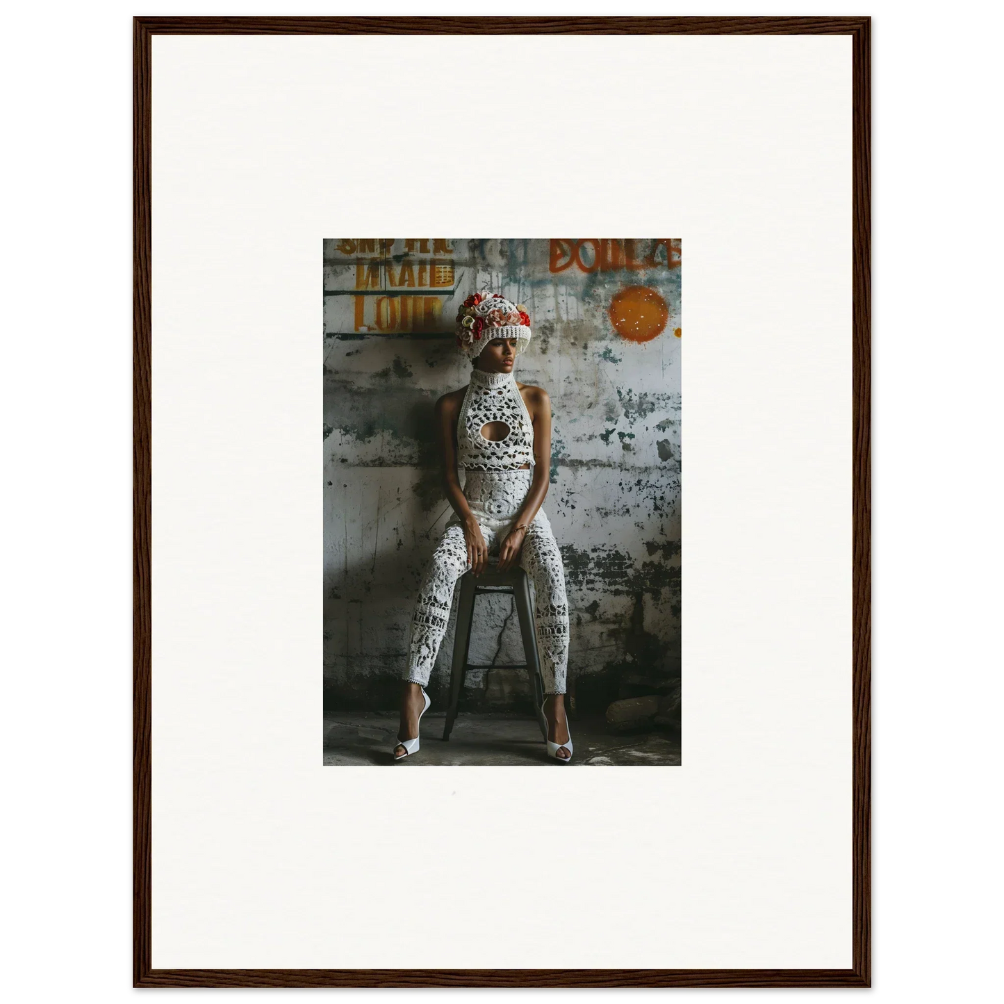 Framed wall art of a person in a white bodysuit and mask for unique room decor