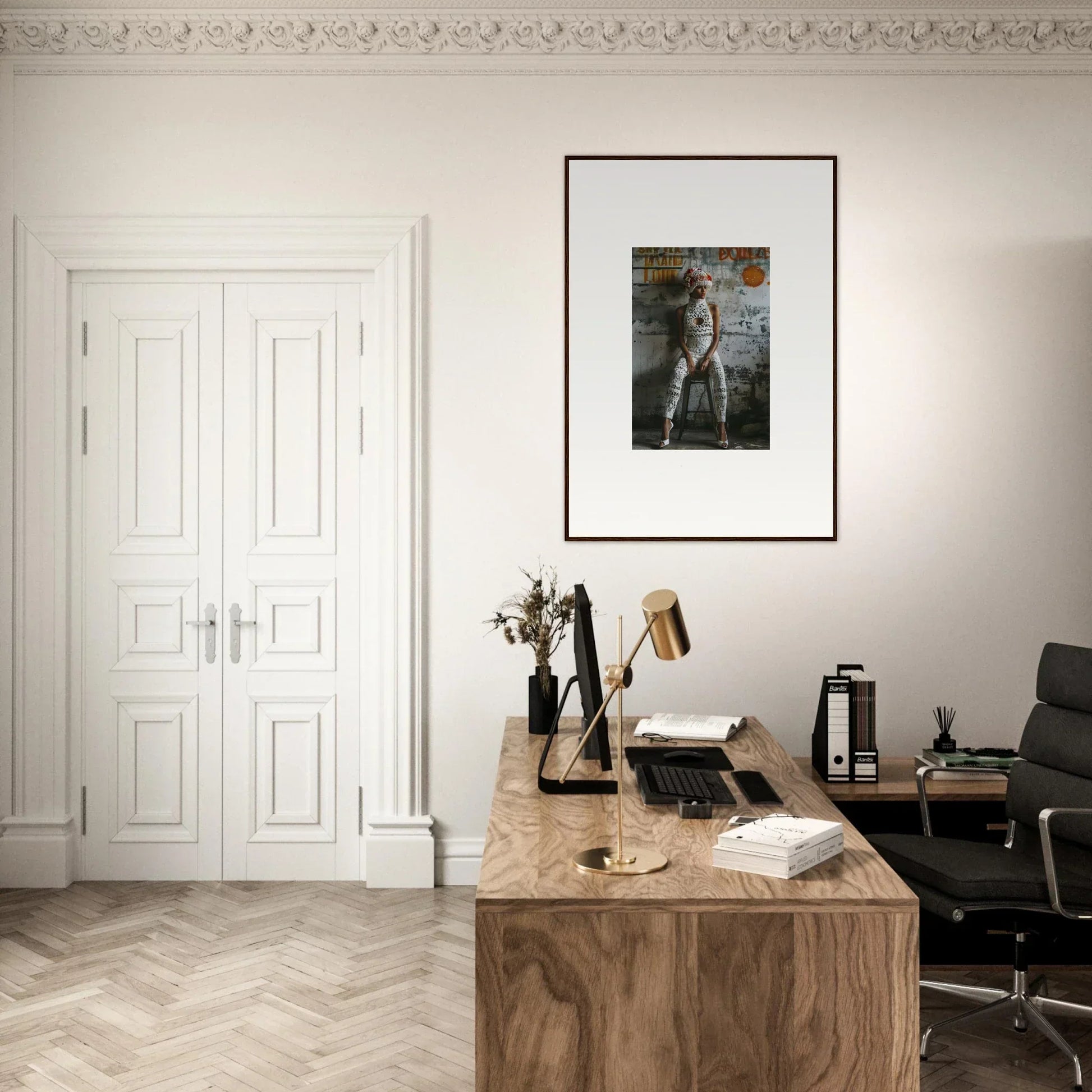 Elegant home office workspace featuring wooden desk and framed wall art for room decor