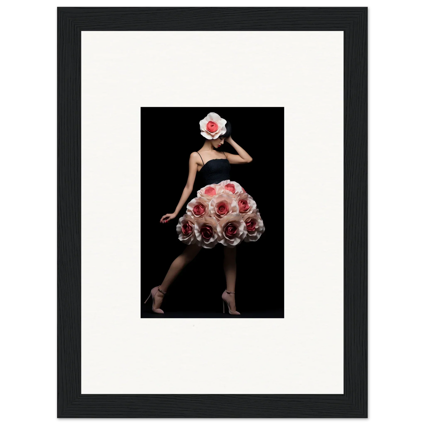 Framed artwork depicting a figure in a floral-inspired dress and headpiece against a dark background.