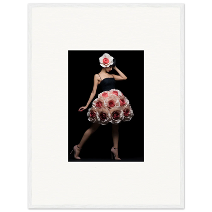 Woman wearing a dress made of pink roses against a black background.