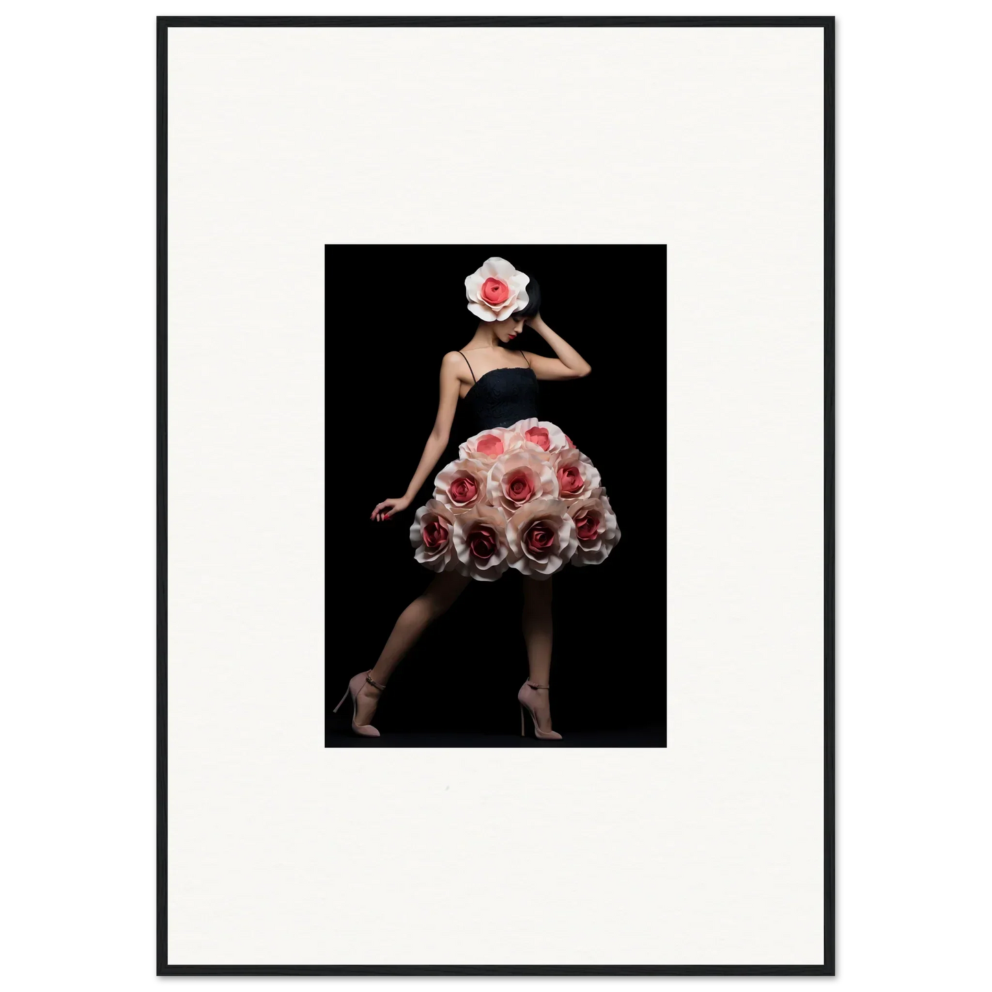 Framed artwork depicting a figure in a rose-adorned dress and headpiece against a dark background.