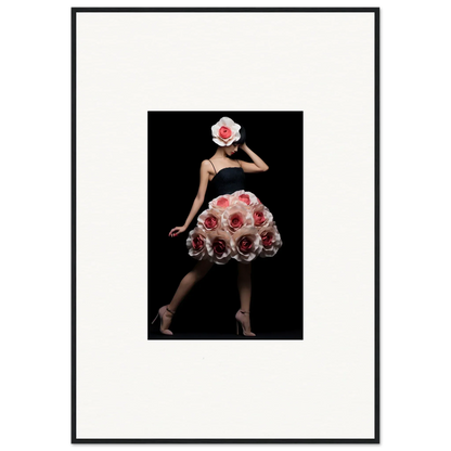 Framed artwork depicting a figure in a rose-adorned dress and headpiece against a dark background.