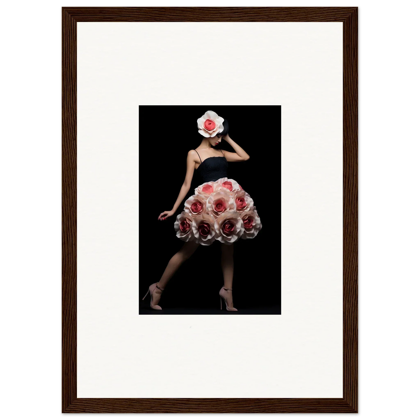 Framed artwork depicting a figure in a rose-adorned dress and headpiece against a dark background.