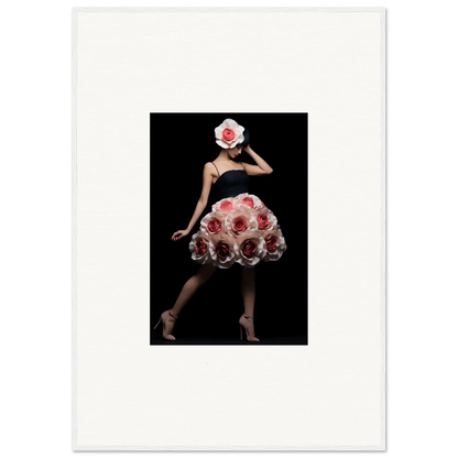 Elegant figure wearing a dress and hat adorned with vibrant red roses.