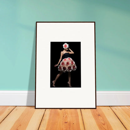 Framed artwork depicting a figure in a polka dot dress against a dark background.