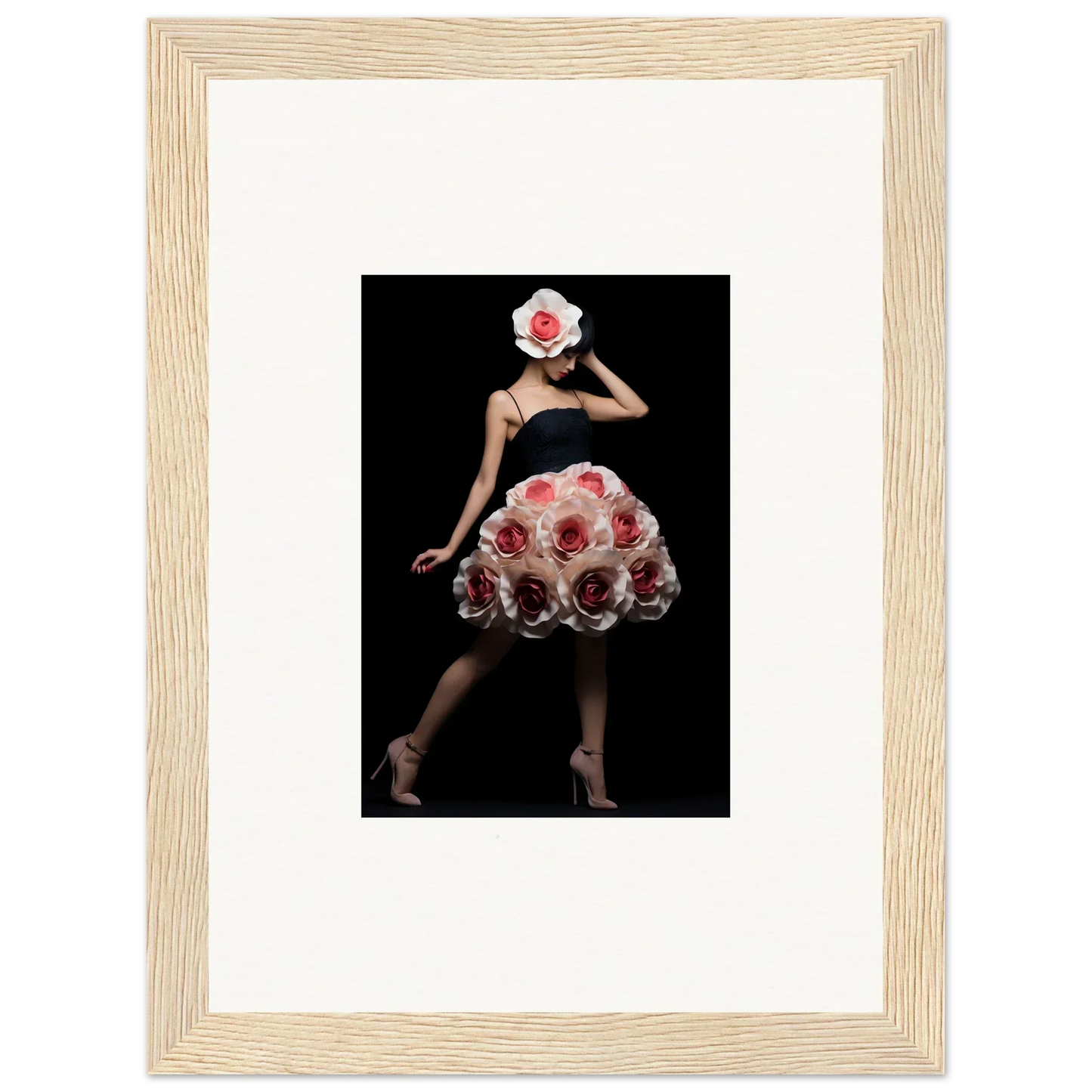 Framed artwork depicting a figure in a floral-inspired dress and headpiece against a dark background.