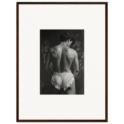 Black and white photo of a person in ruffled underwear, perfect for Lingerie Quantum decor