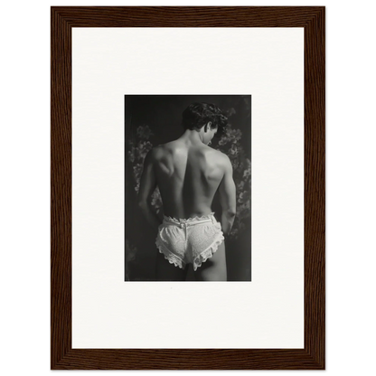 Black and white photo of a shirtless back in white ruffled underwear for Lingerie Quantum canvas print