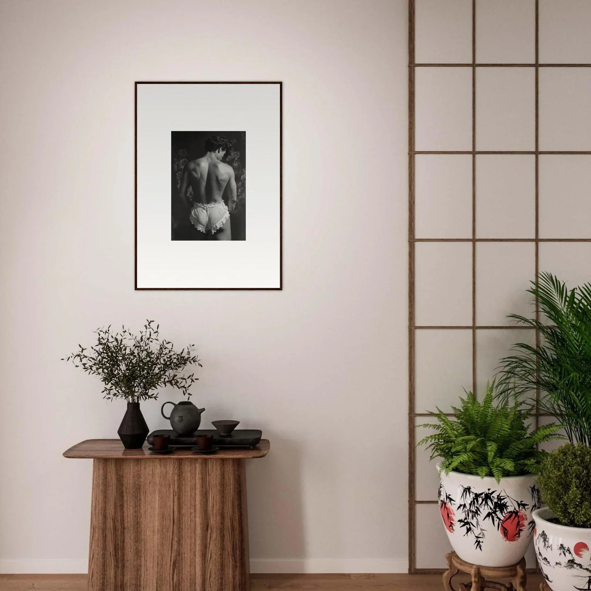 Framed black and white canvas print of a person’s back for stylish room decoration