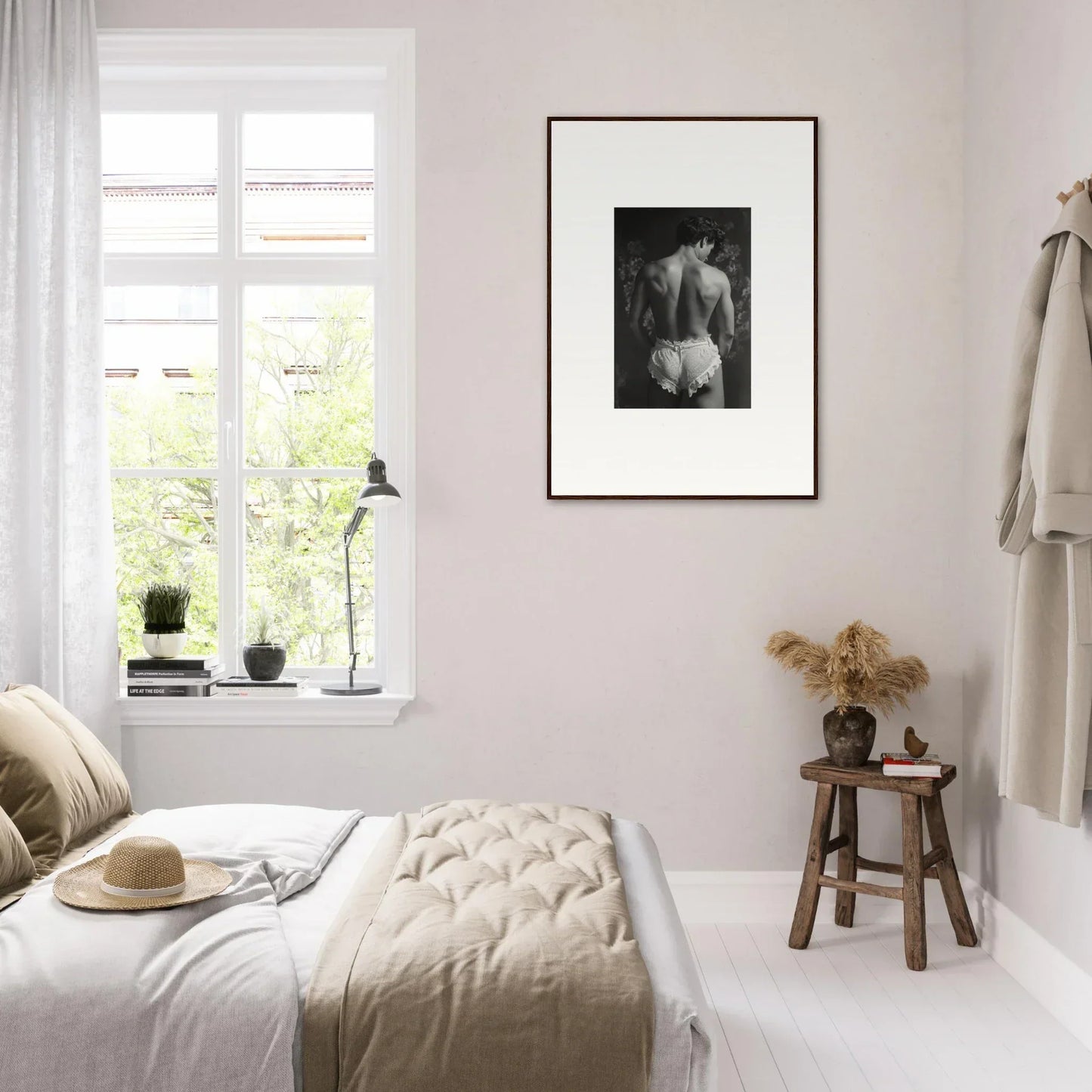 Serene bedroom with minimalist decor featuring a Lingerie Quantum canvas print