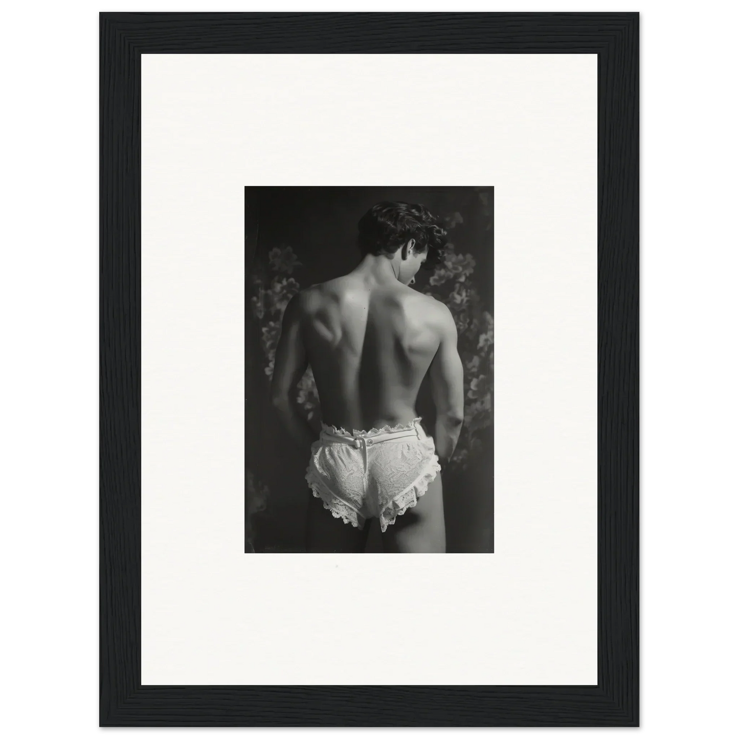 Black and white photo of a person’s back in frilly underwear for Lingerie Quantum canvas print