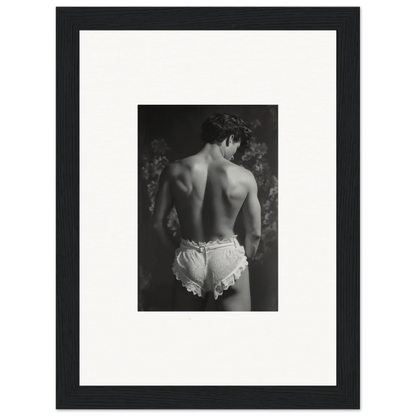 Black and white photo of a person’s back in frilly underwear for Lingerie Quantum canvas print