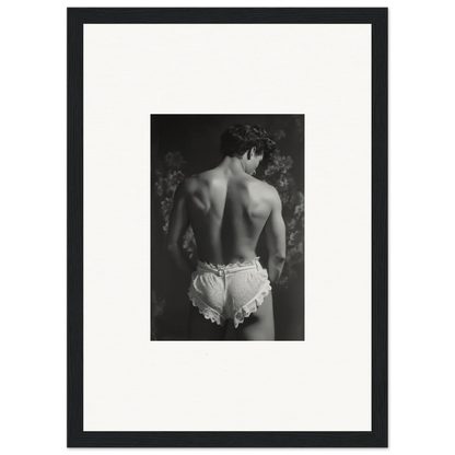 Black and white photo of a bare back in ruffled shorts, perfect for Lingerie Quantum art