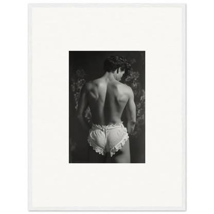 Black and white canvas print of a person’s bare back in White Ruffled Underwear