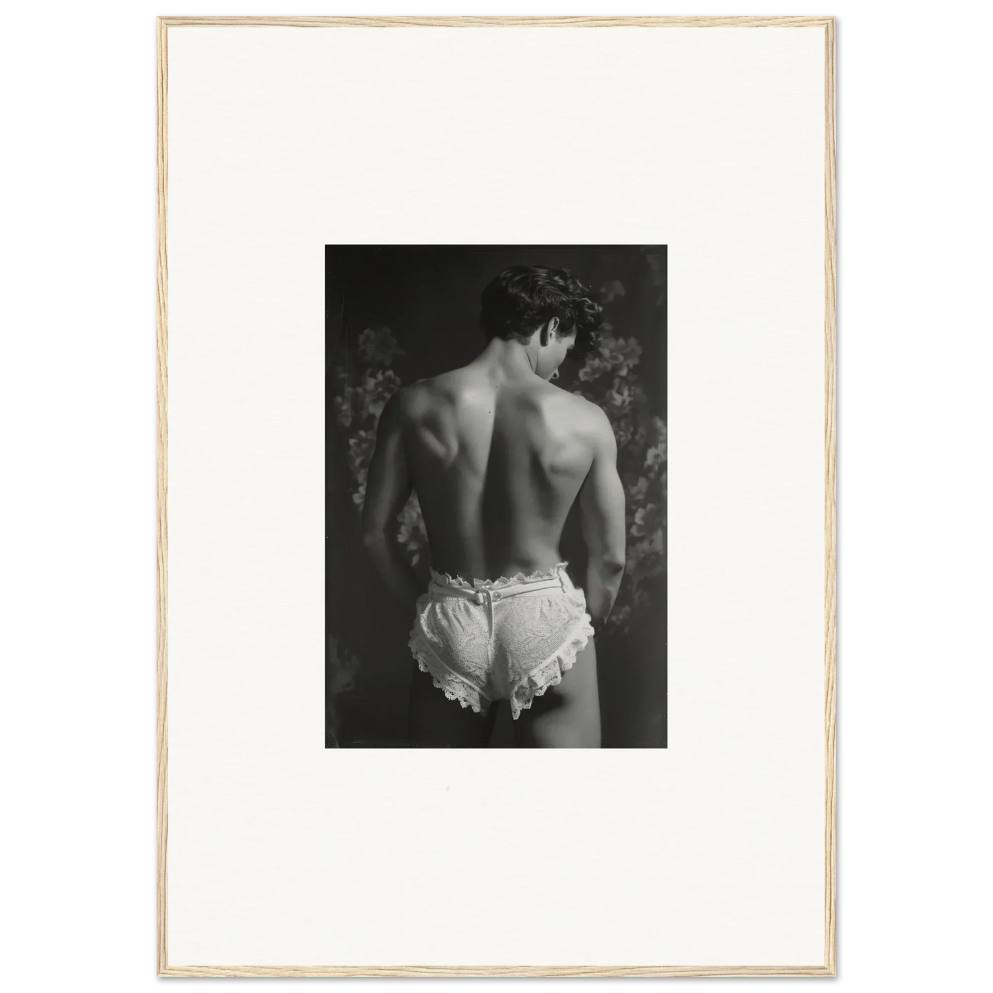 Black and white canvas print of a person in lace-trimmed underwear for Lingerie Quantum