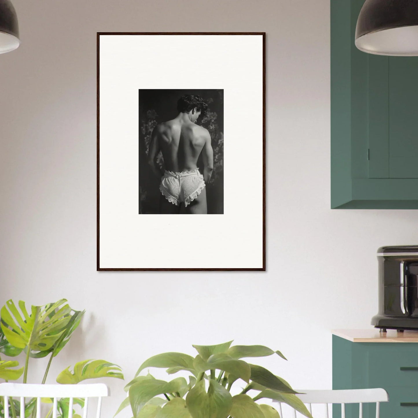 Framed black and white canvas print of a bare back showcasing Lingerie Quantum style