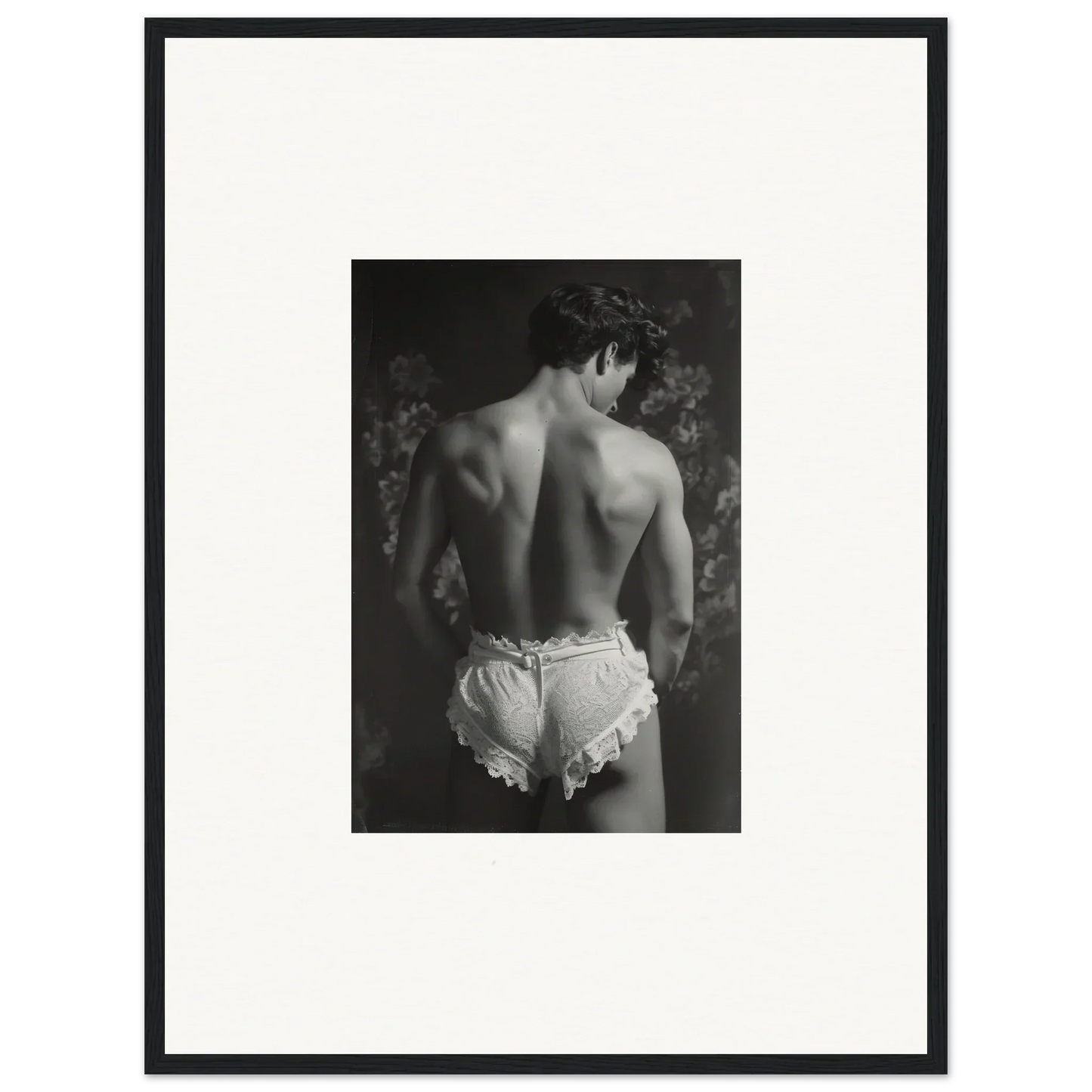 Black and white photo of a person in ruffled underwear for Lingerie Quantum canvas print