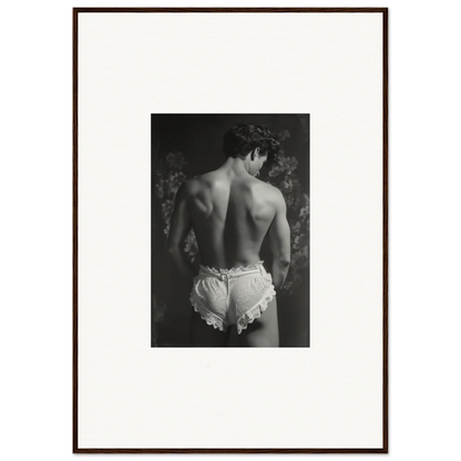 Black and white photo of a person in frilly white underwear for Lingerie Quantum canvas print