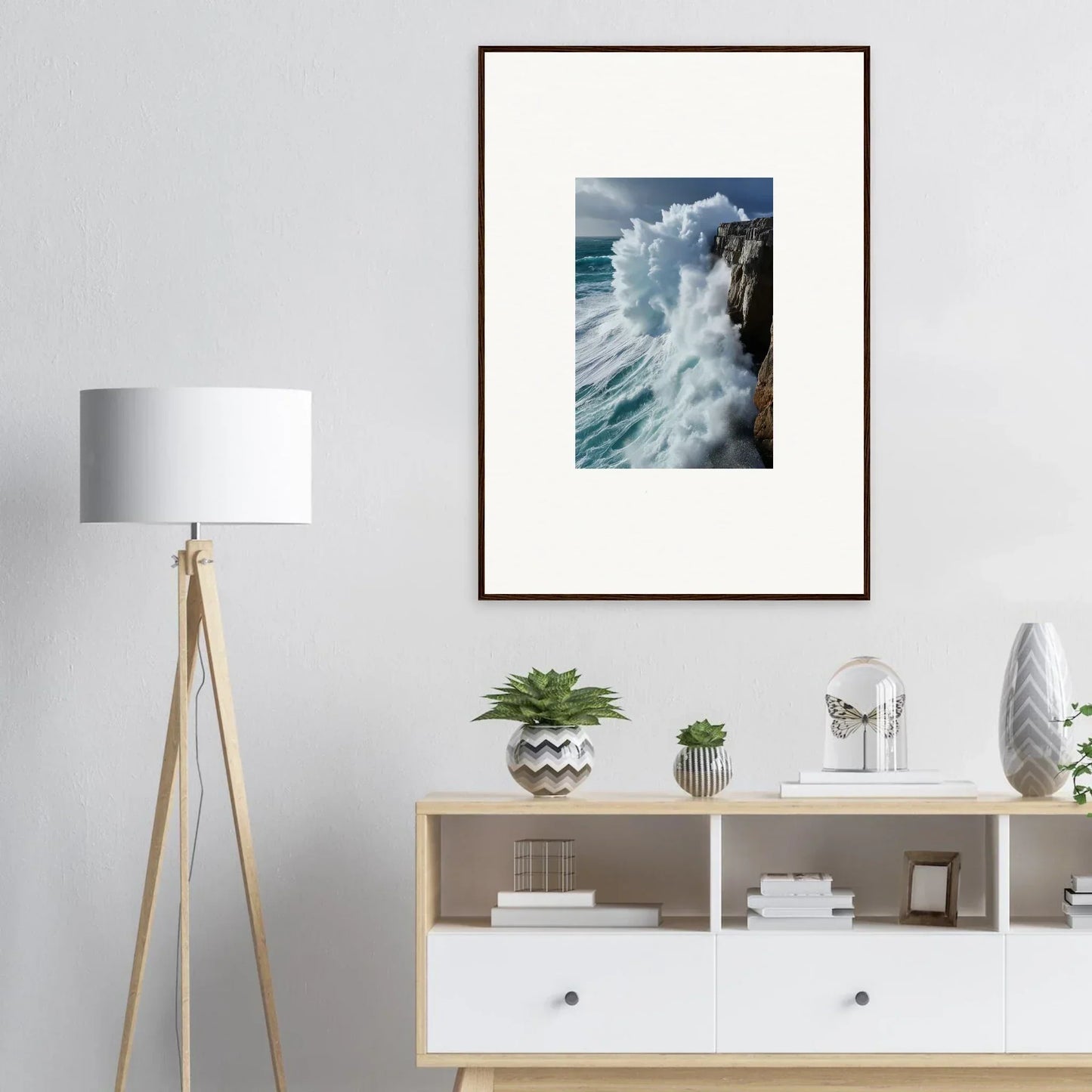 Framed wall art of crashing ocean waves for Aqua Resonances room decor