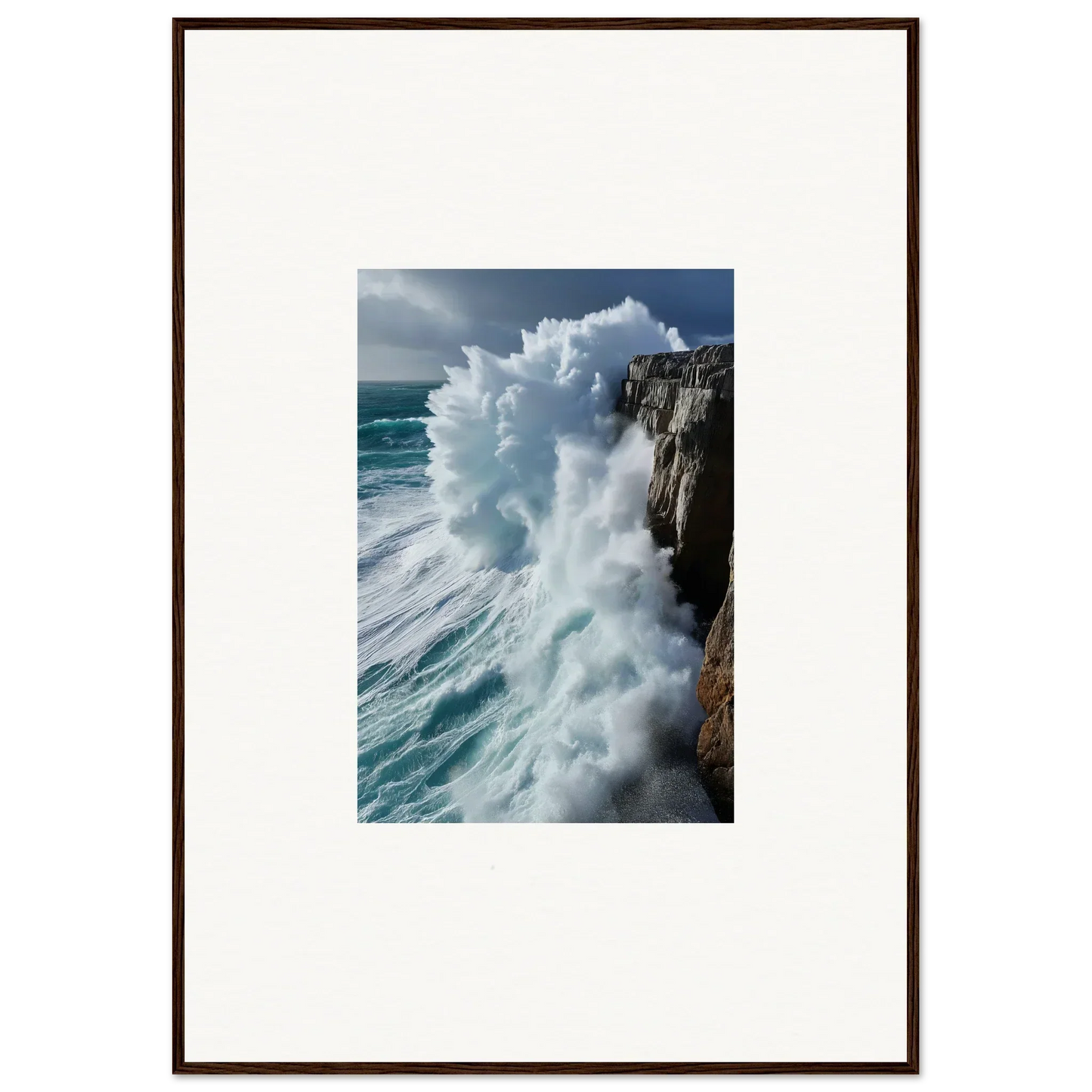 Powerful ocean wave crashing on rocky cliff in Rhapsody Aqua Resonances wall art