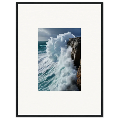 Powerful ocean wave crashing on rocky cliffs in Aqua Resonances framed wall art