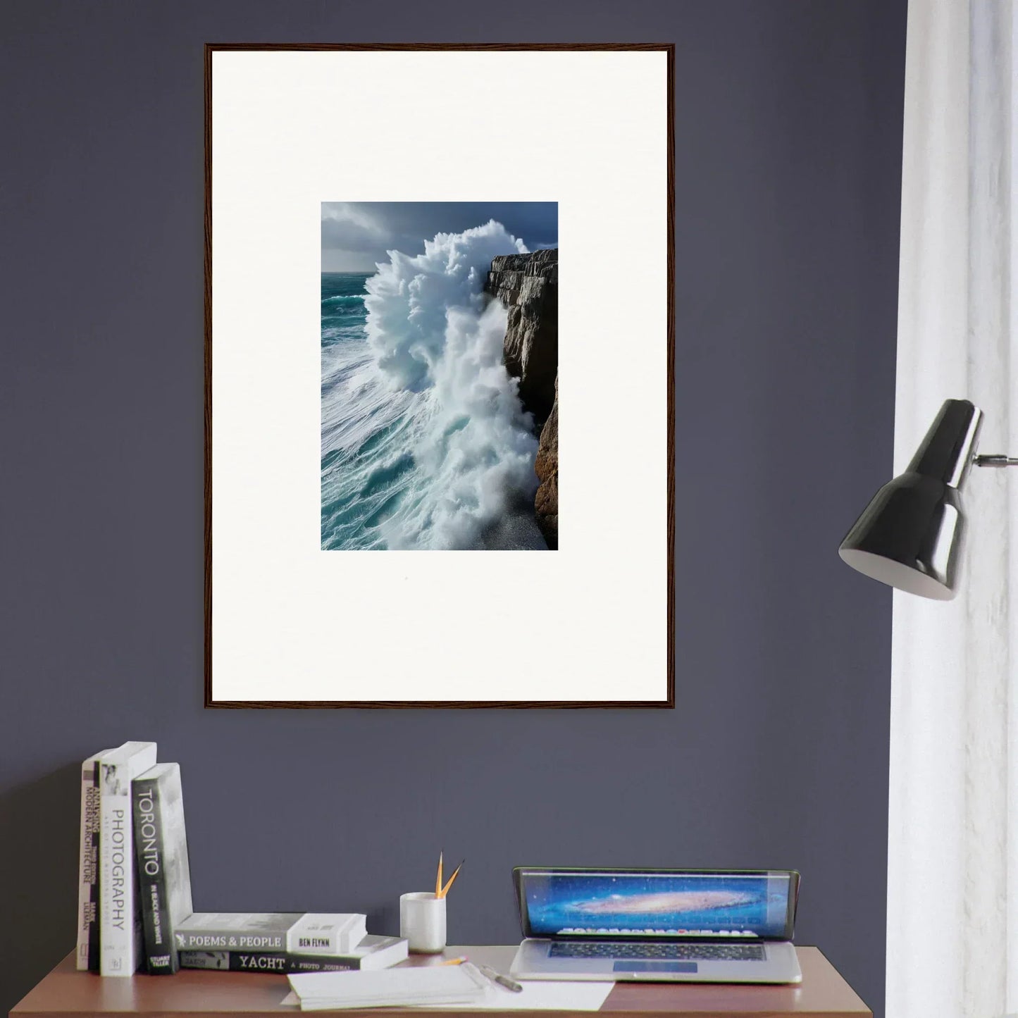 Framed wall art of crashing ocean waves, perfect for aqua resonances room decor