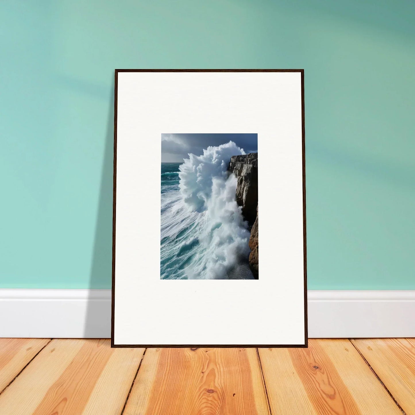 Framed wall art of crashing ocean waves, perfect for aqua resonances room decor