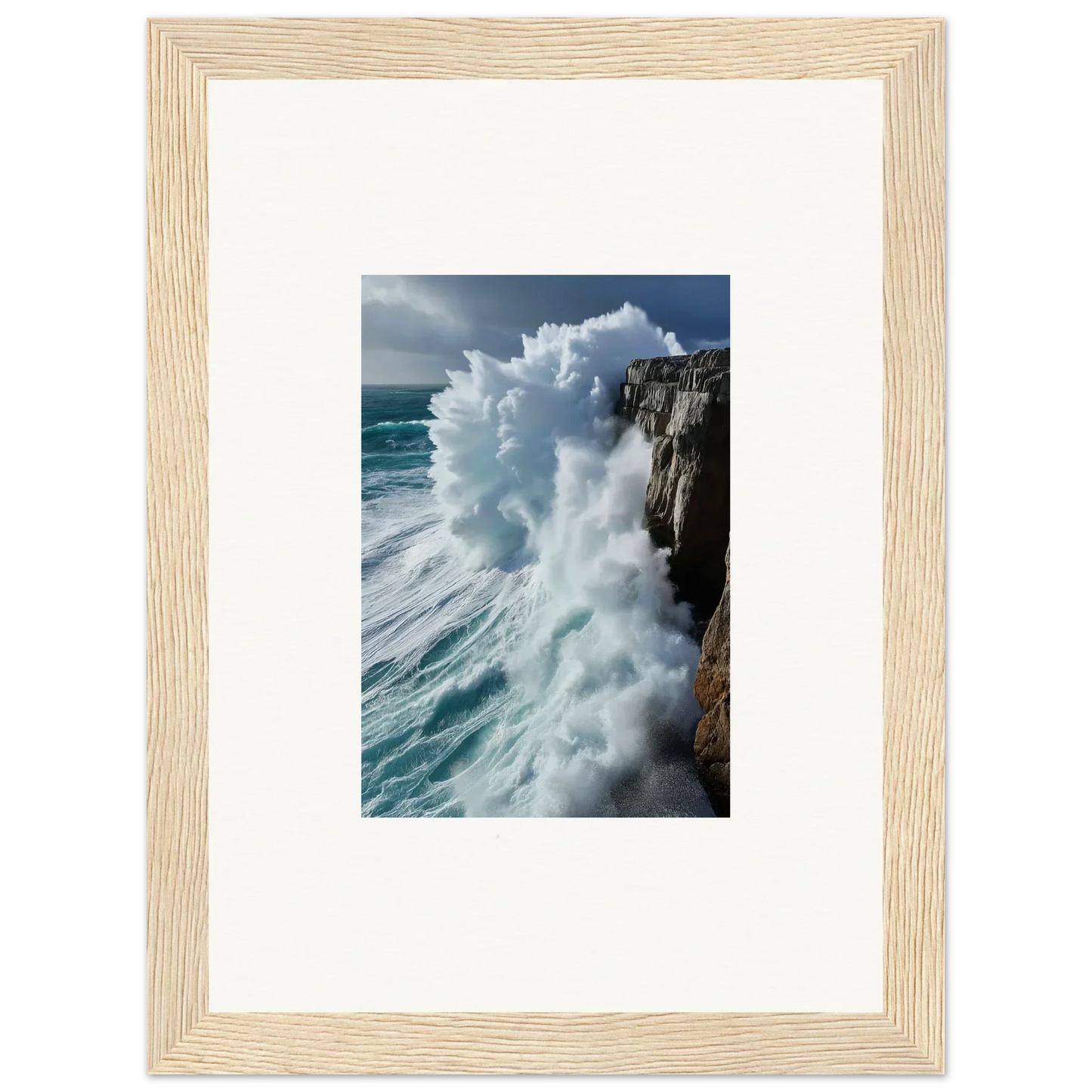 Framed wall art of a powerful wave for stunning aqua resonances room decor