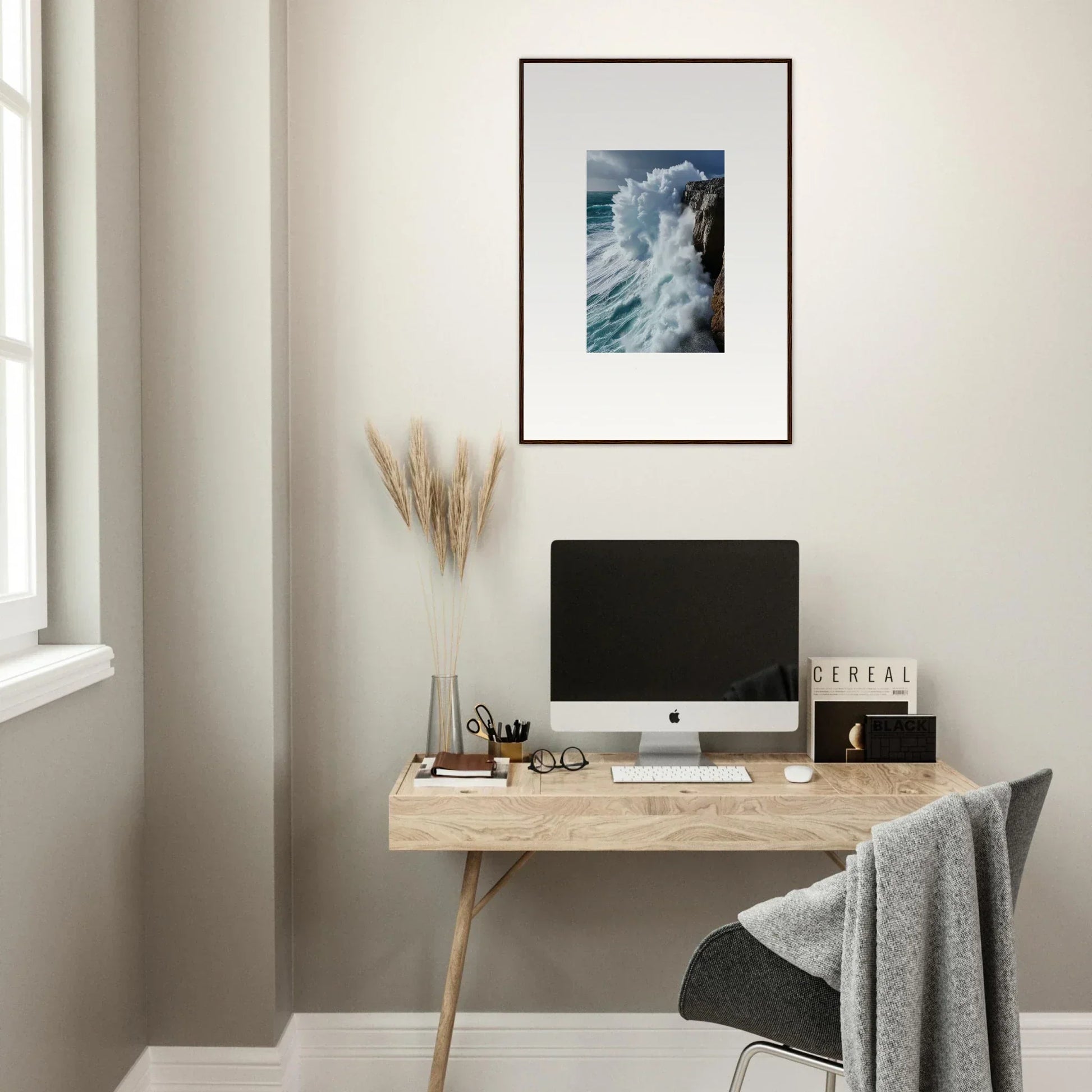 Minimalist home office with wooden desk, computer, and Aqua Resonances wall art